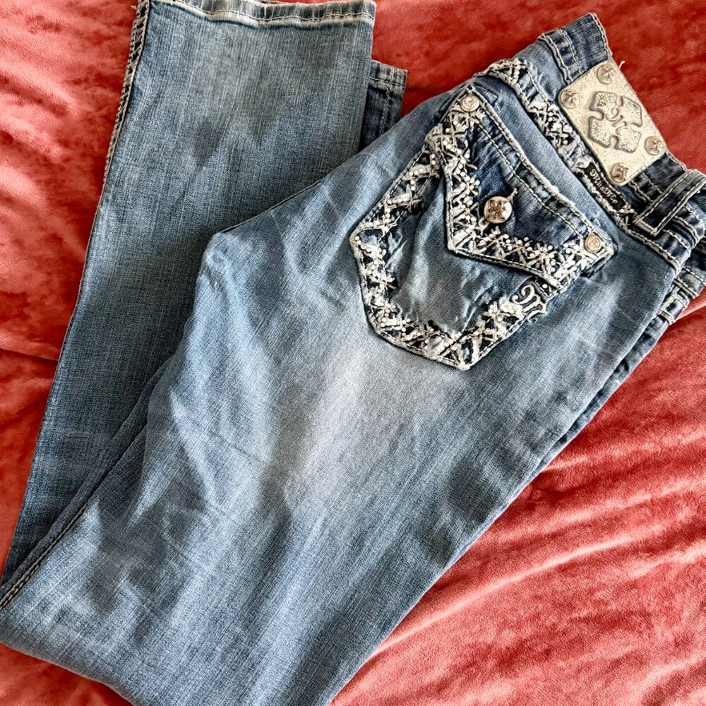 Miss Me Signature Pocket Rhinestone Bootcut Jeans Size 30 Mid Rise Western Glam